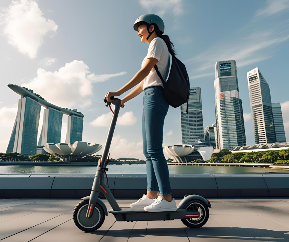 A person riding an e-scooter on a city street with trees.
